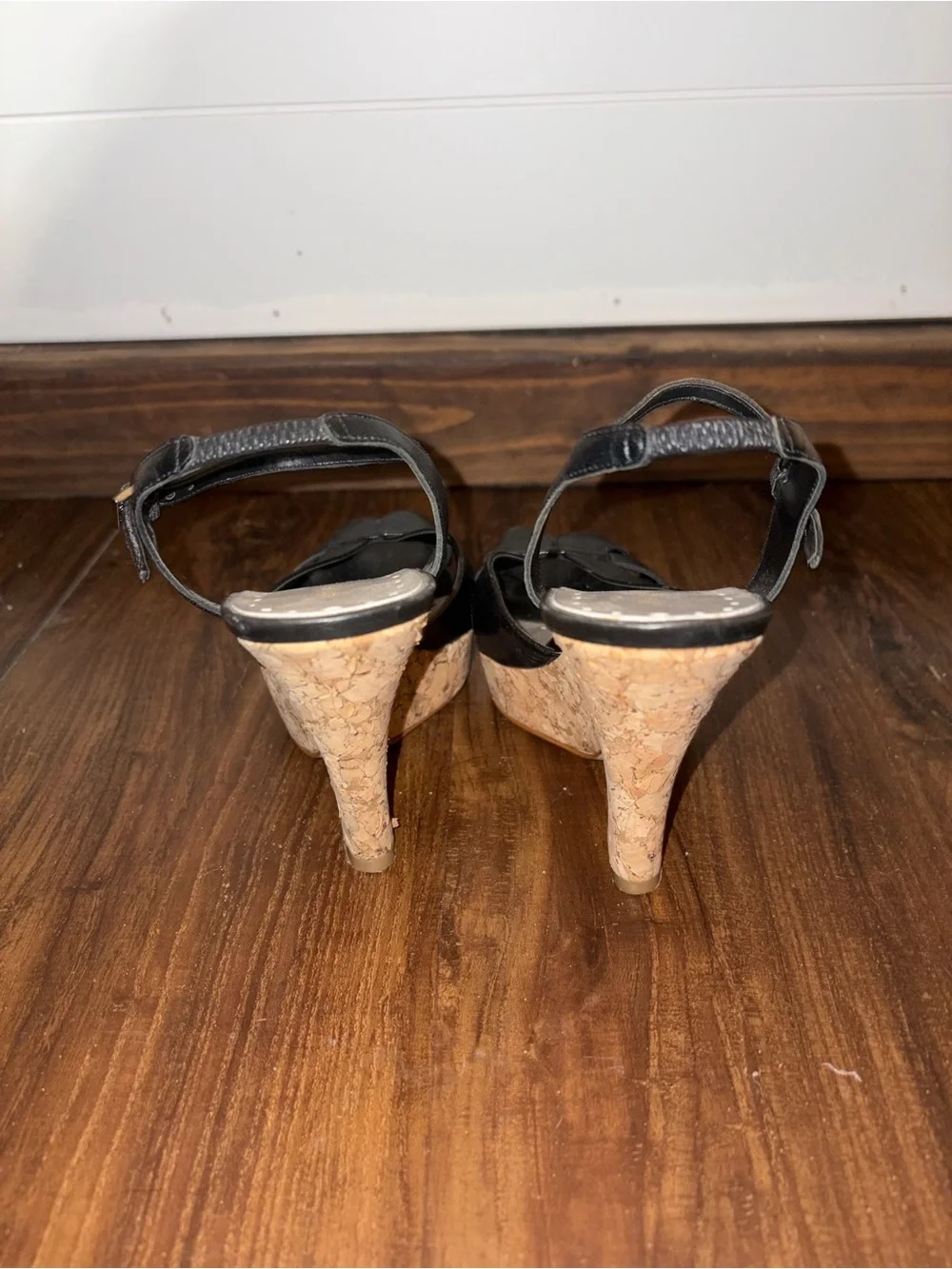 Vintage Y2K BCBGirls Black Cork Wedge Sandals with Ankle Strap